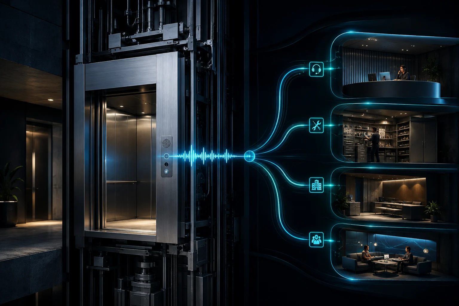 Concept illustration of a lift connected by light waves to an organised dispatch workflow.