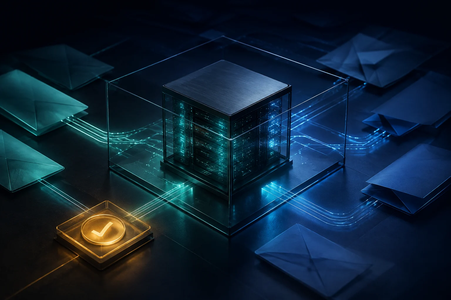 Concept illustration of a protected local computing core and correspondence connected by light.