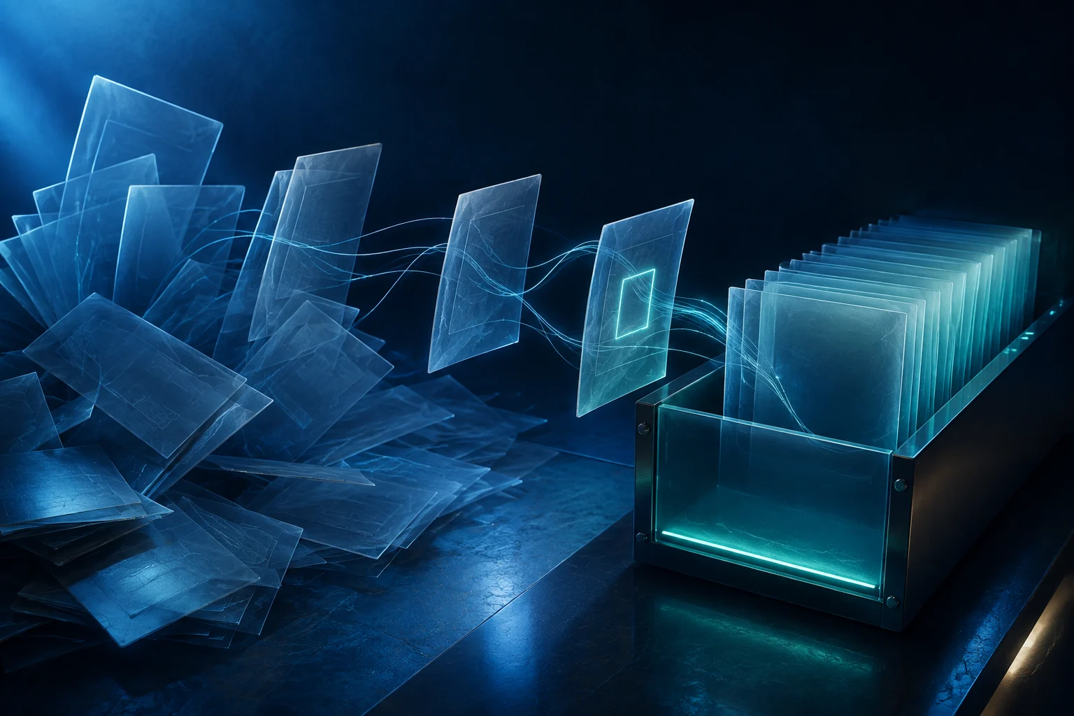 Concept illustration of translucent document sheets connected into an ordered, illuminated archive.